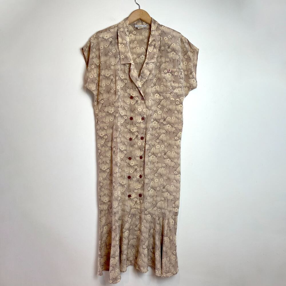 Vintage 90s Silk Midi Shift Dress Sz 4 Brown Floral Minimalist Quiet Luxury